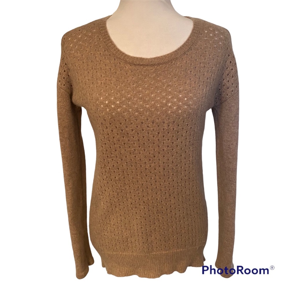 WYTHE NY SWEATER ROUND CREWNECK TAN CASHMERE OPEN KNIT FRONT SIZE XS
